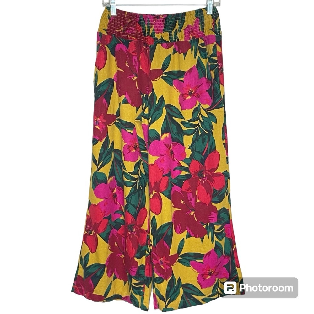 Tahari Linen Wide Leg Plazzo Polynesian Floral Tropical Pull On Pants